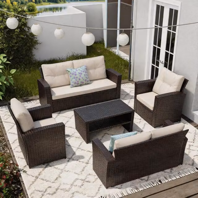 Furniture One Modern 6 Seater Brown Rattan Garden Furniture Set with Coffee Table