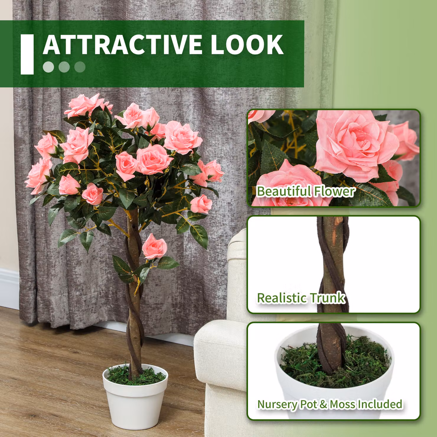 Outsunny Set of 2 Pink Artificial Rose Plants in Pots, Height: 90 cm – 5