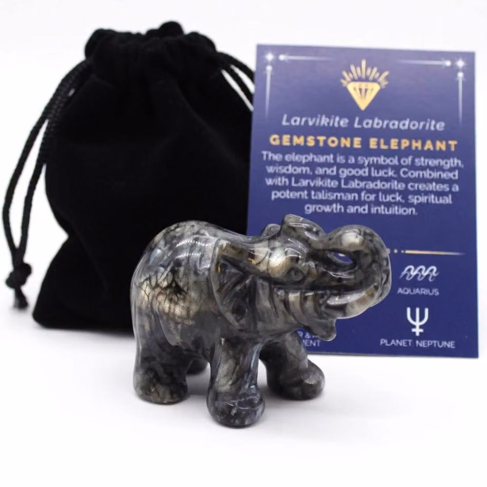 KDMD Hand-Carved Larvikite Labradorite Lucky Elephant Gemstone Tabletop Decor in Black – 2