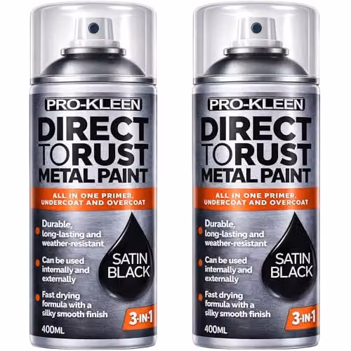 ProKleen Direct to Rust 3-in-1 Metal Paint, Primer, Undercoat and Topcoat, Black Satin Finish, 2 x 400ml – 6