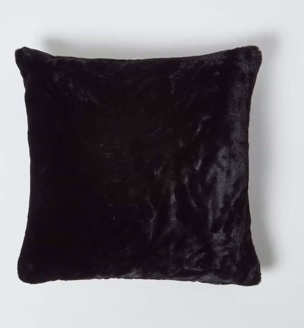 Homescapes Soft Touch Faux Fur Cushion, Black, W/D/H: 46 x 46 x 1 cm