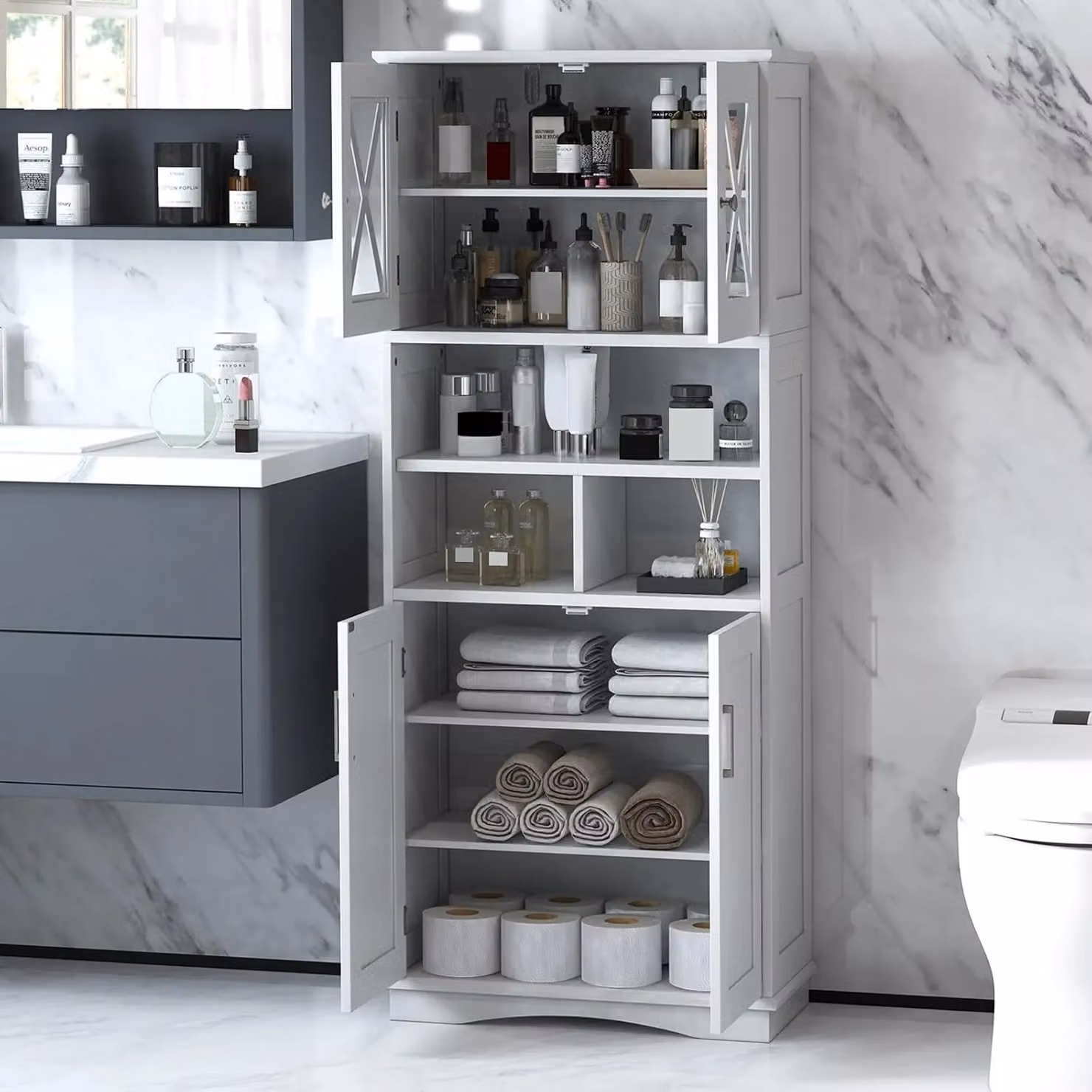 Gymax Tall White Bathroom Cabinet with Acrylic Glass Doors and Adjustable Shelves – 2