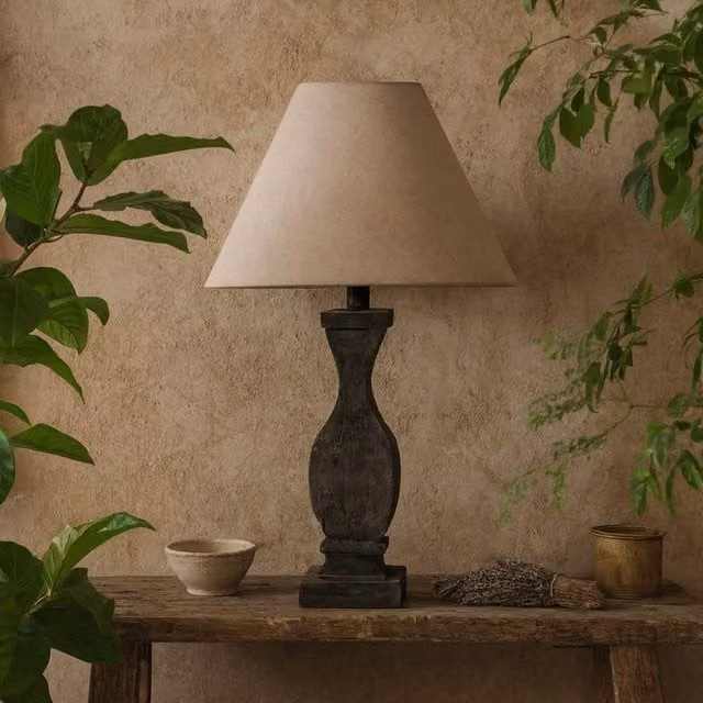 Wyld Haus Mossfern Grey Washed Fluted Wooden Table Lamp in Brown, Height: 30.48 cm – 1