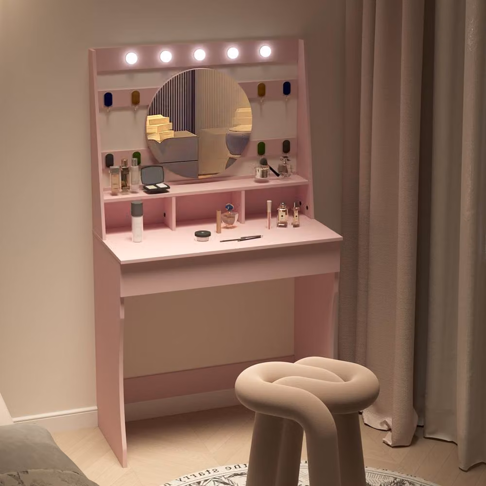KEEPREAPER Modern Pink Dressing Table with Hollywood LED Lights and Lift Mechanism – 5