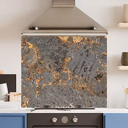 Grey Marble Look Toughened Glass Kitchen Splashback with Polished Edges, W: 90 cm, H: 75 cm, Depth: 0.6 cm