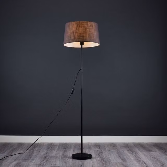 ValueLights Modern Floor Lamp with Black Metal Finish and Dark Grey Faux Linen Cone Shade