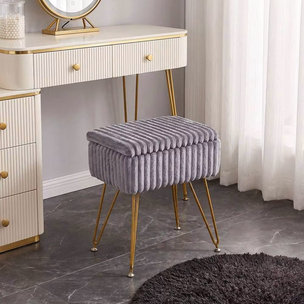 KORVIXA Grey Velvet Ottoman Storage Pouffe Footstool with Gold Metal Frame, W/D/H: 100 x 100 x 48 cm – 4