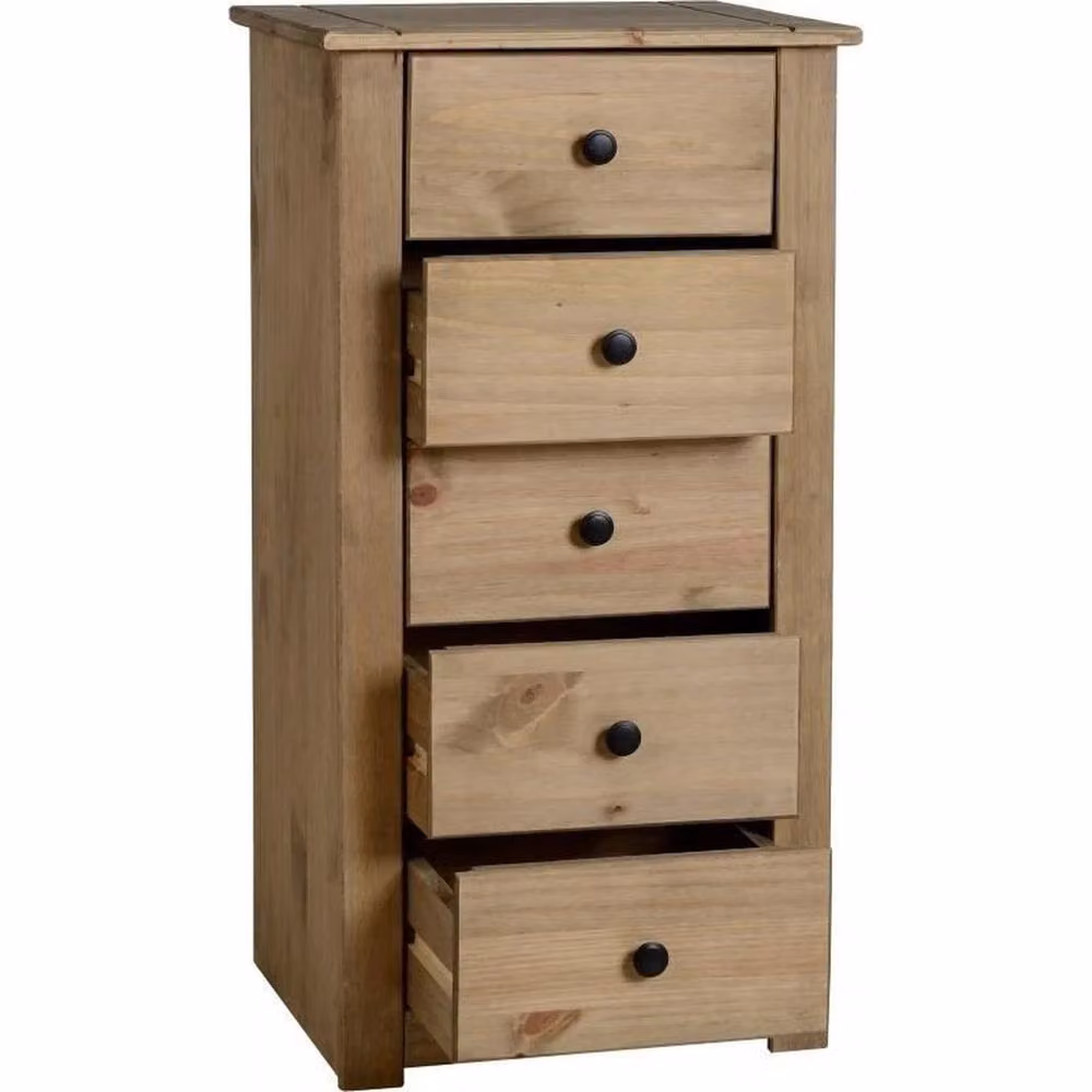 FORGEVIO Waxed Mexican Pine Narrow 5 Drawer Tallboy Storage Chest in Beige – 2