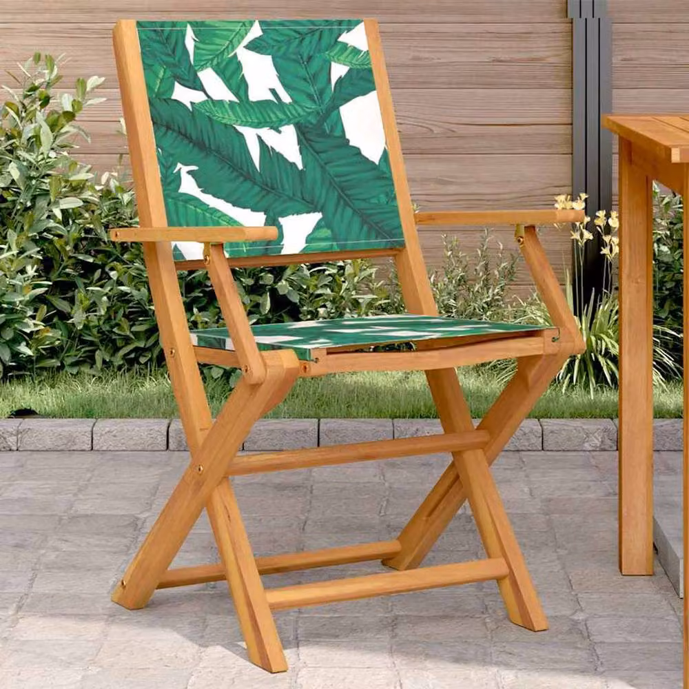 Berkfield Home Set of 2 Green Acacia Wood and Fabric Garden Chairs with Floral Leaf Pattern – 2
