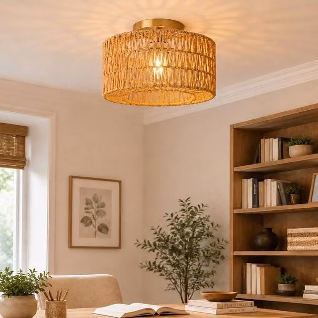 Emitto Boho Woven Cylinder Lamp Shade in Yellow with Paper Rope and Metal – 1