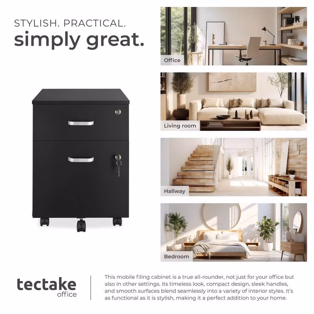 tectake Metal Filing Cabinet in Black with 2 Lockable Rolling Drawers for A4 Documents – 7