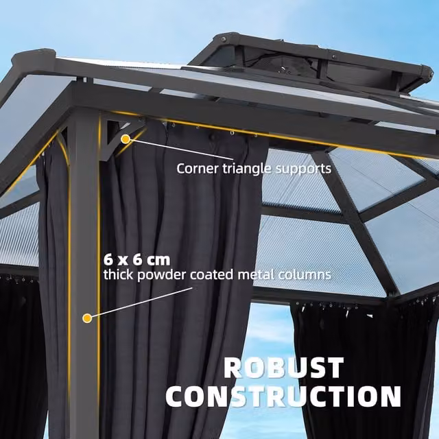 Outsunny Hardtop Garden Gazebo Canopy with Drainage Gutters and Polycarbonate Roof, Dark Grey, W: 250 cm x D: 250 cm