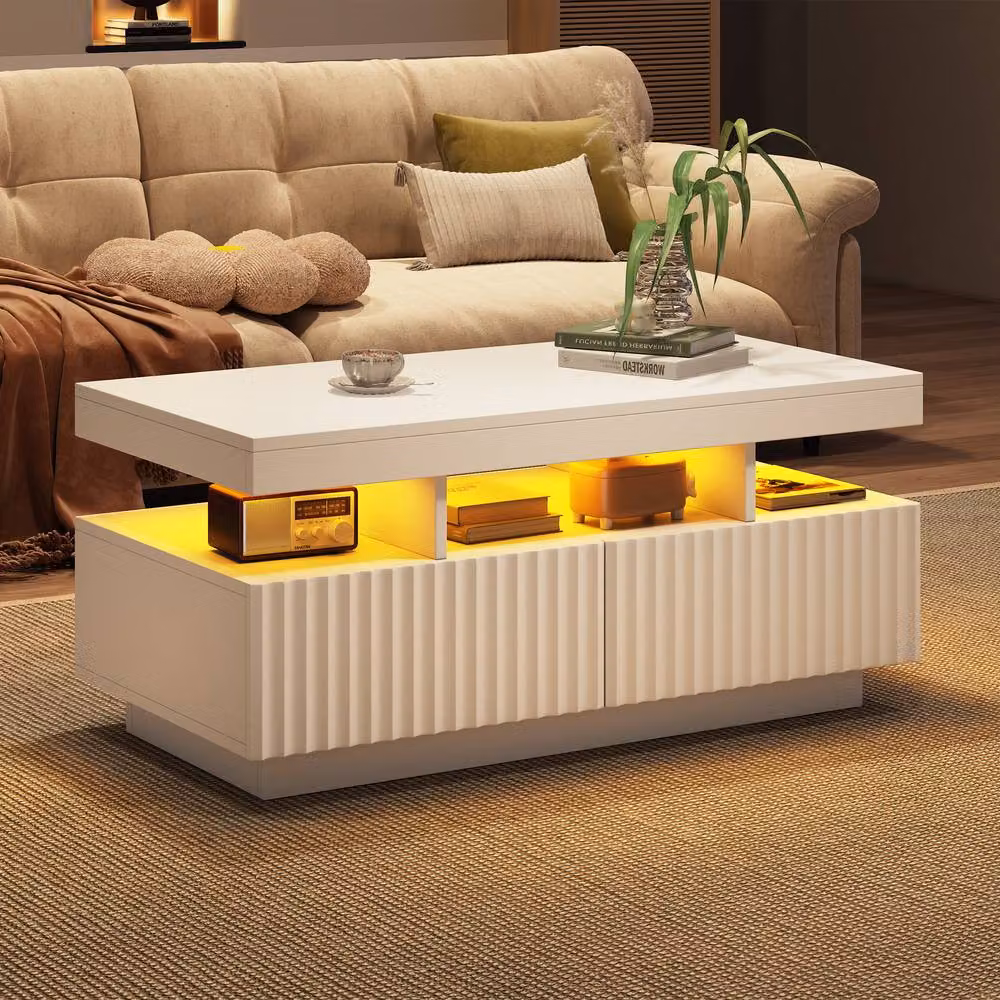 Rolipo White Ribbed Coffee Table with LED Lights and 2 Drawers – 6