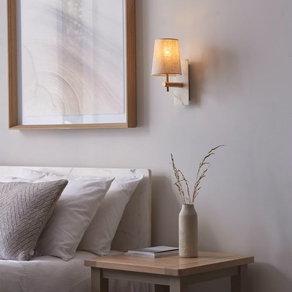 Netlighting Calista Vintage Wall Lamp in Brass and White Marble with Linen Shade, 7W LED E14 – 2