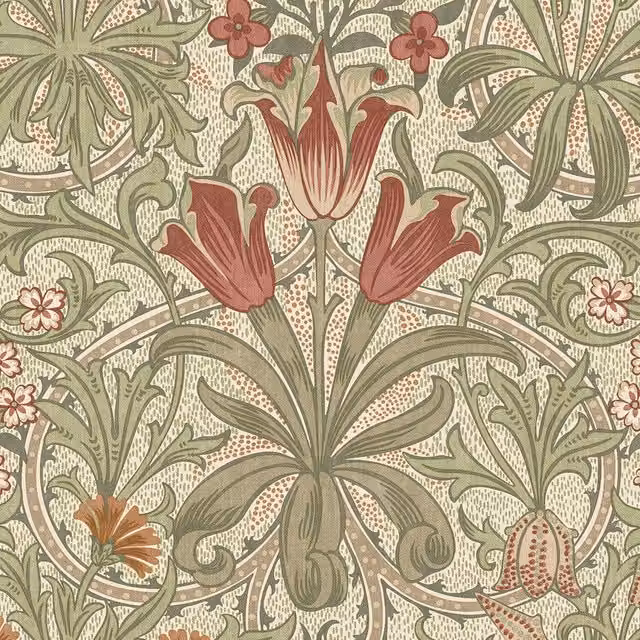 William Morris At Home Woodland Weeds Fern Floral Cotton Fabric in Green and Multicolour
