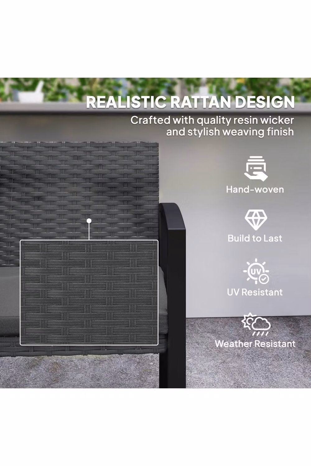 ERGOVEXA Two-Seater Modern Rattan Garden Bench with Armrests and Cushions, Grey, W: 103 cm, H: 78 cm, D: 58 cm – 2
