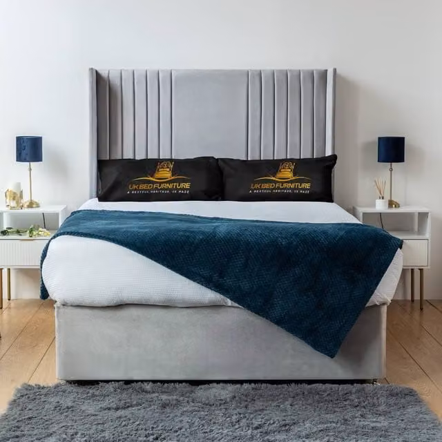 UK Bed Furniture Skyline Wingback Divan Bed Base with 54 Inch Headboard in Silver Grey Velvet, W/D: 120 x 200 cm