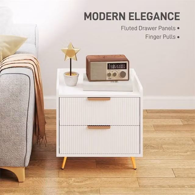 EONLION Modern White and Gold Bedside Table with 2 Drawers