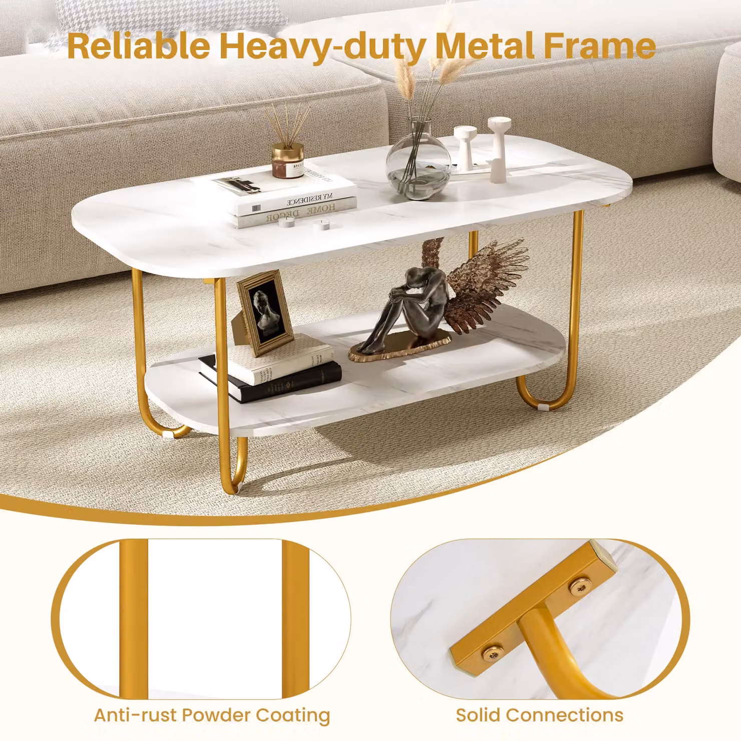 Gymax 2-Tier Modern Faux Marble Top Console Table in White and Gold – 4