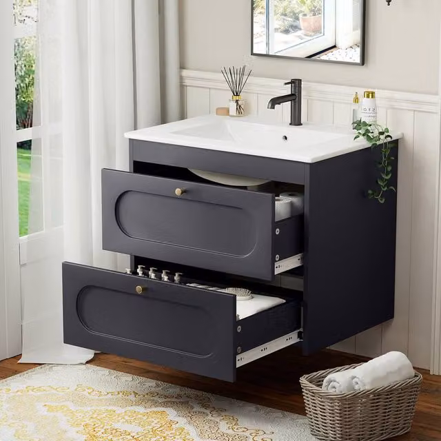 KEEPREAPER Wall Mounted Bathroom Vanity Unit with Ceramic Sink and 2 Drawers, Dark Grey and Gold