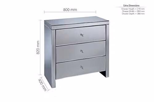 Birlea Seville Silver Mirrored 3 Drawer Chest, H: 82 cm, W: 40 cm, D: 80 cm – 2