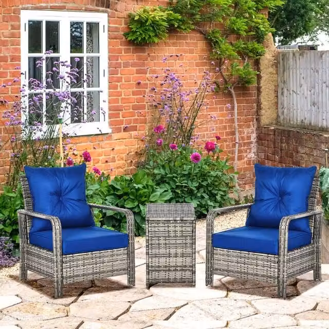 OUTSUNNY 3 Piece PE Rattan Garden Sofa Set with 2 Chairs and Storage Table in Blue – 1