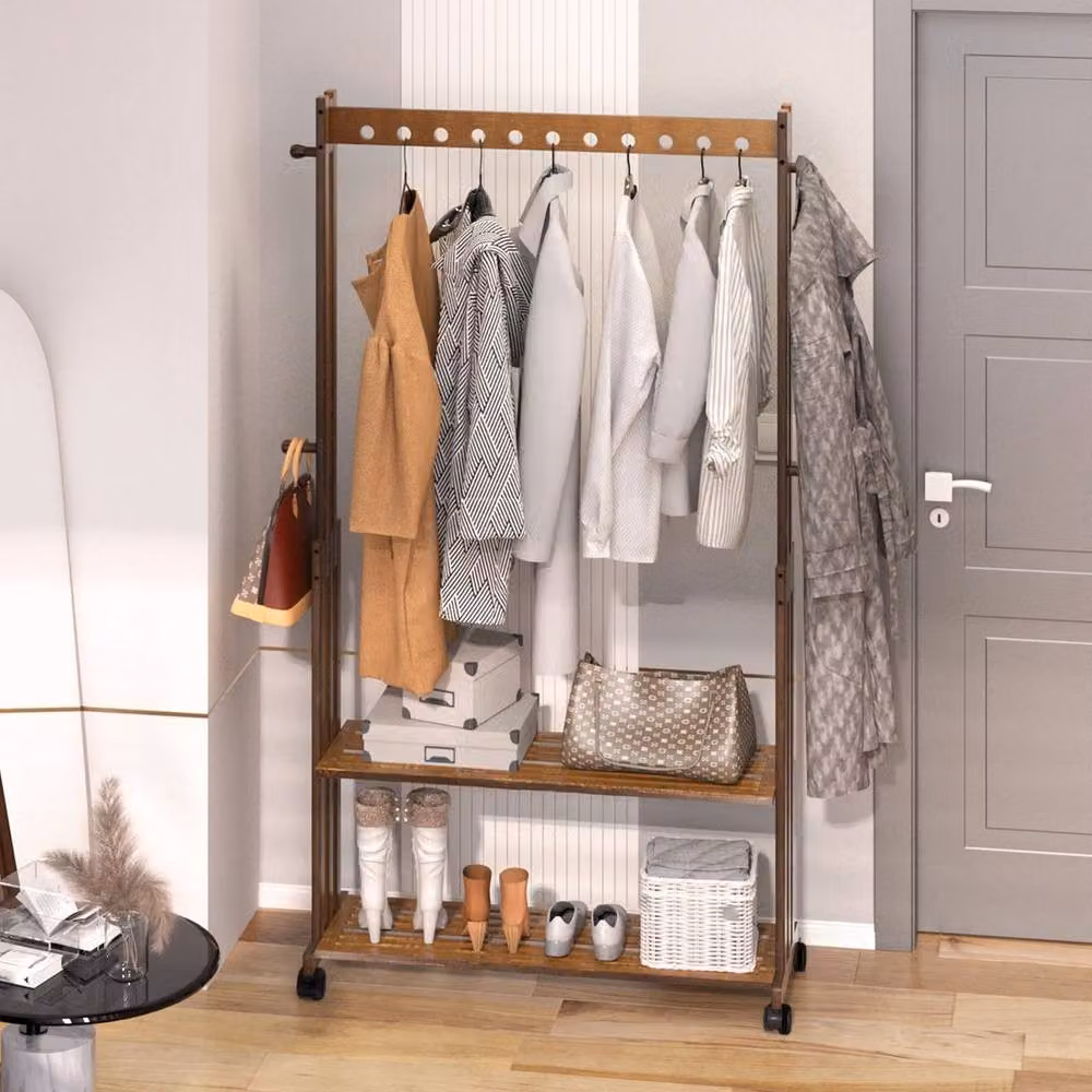 KORVIXA Bamboo Rolling Garment Stand Rail and Open Wardrobe in Brown, Width: 90 cm – 3