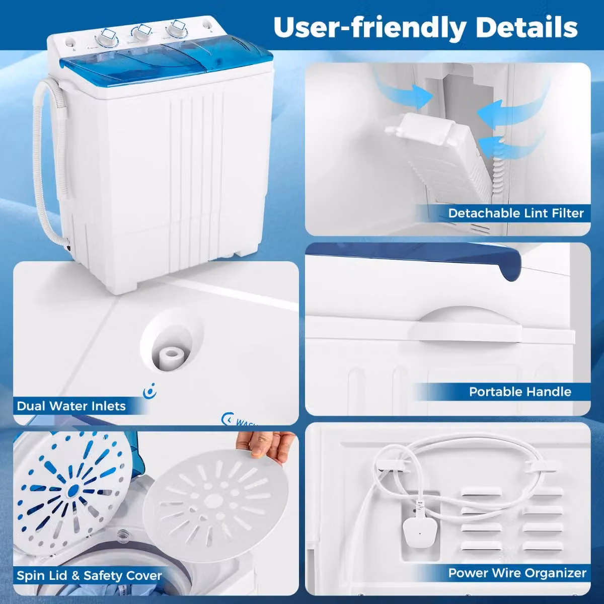 Costway Portable Twin Tub Washing Machine, 8kg Capacity, White and Multicolour Top Loader – 5