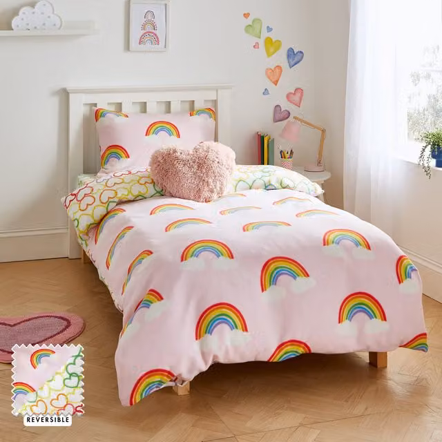 Catherine Lansfield Rainbow Hearts Reversible Cosy Fleece Duvet Cover Bedding Set, Pink and White