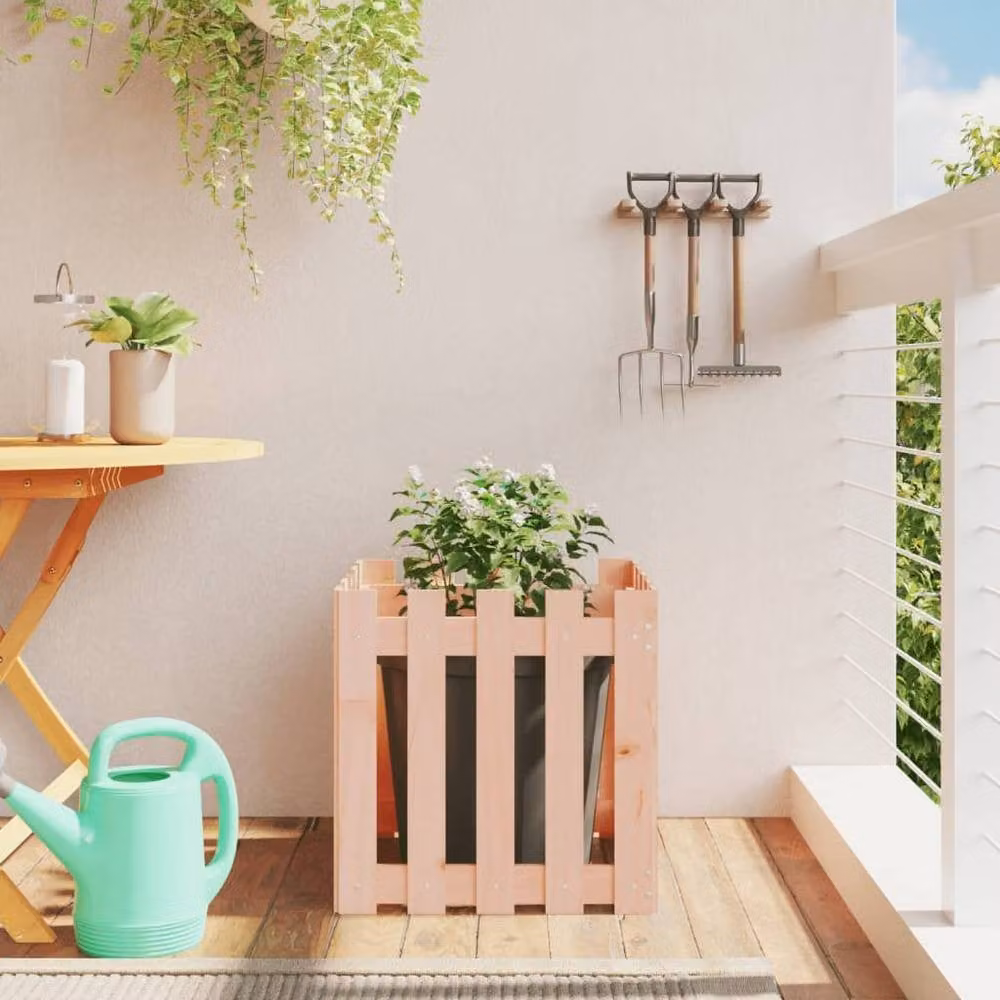 Berkfield Home Durable Garden Planter with Fence Design in Brown Solid Wood W/D/H: 50 x 50 x 50 cm – 2