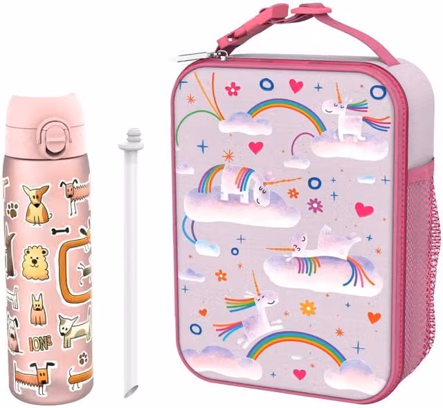 ION8 Insulated Medium Lunch Bag with Recyclon Bottle and Straw in Unicorn Rainbows Multicolour and Pink