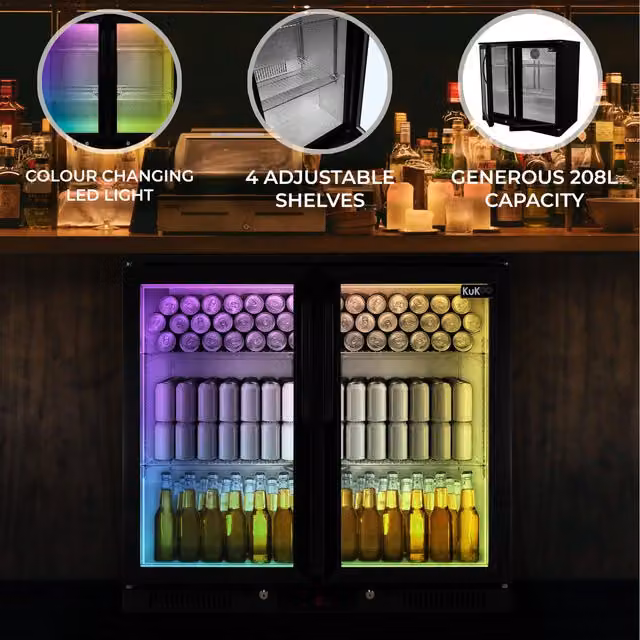 KuKoo Back Bar Fridge Cooler with Hinged Double Doors in Black and Stainless Steel, W/D/H: 50.0 x 84.0 x 90.0 cm