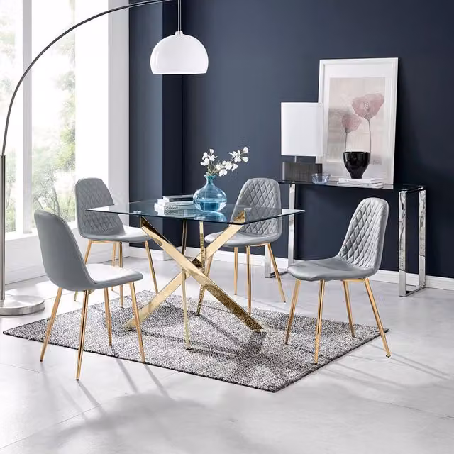 FurnitureboxUK Leonardo Grey Glass Dining Table with Four Corona Gold Leg Chairs