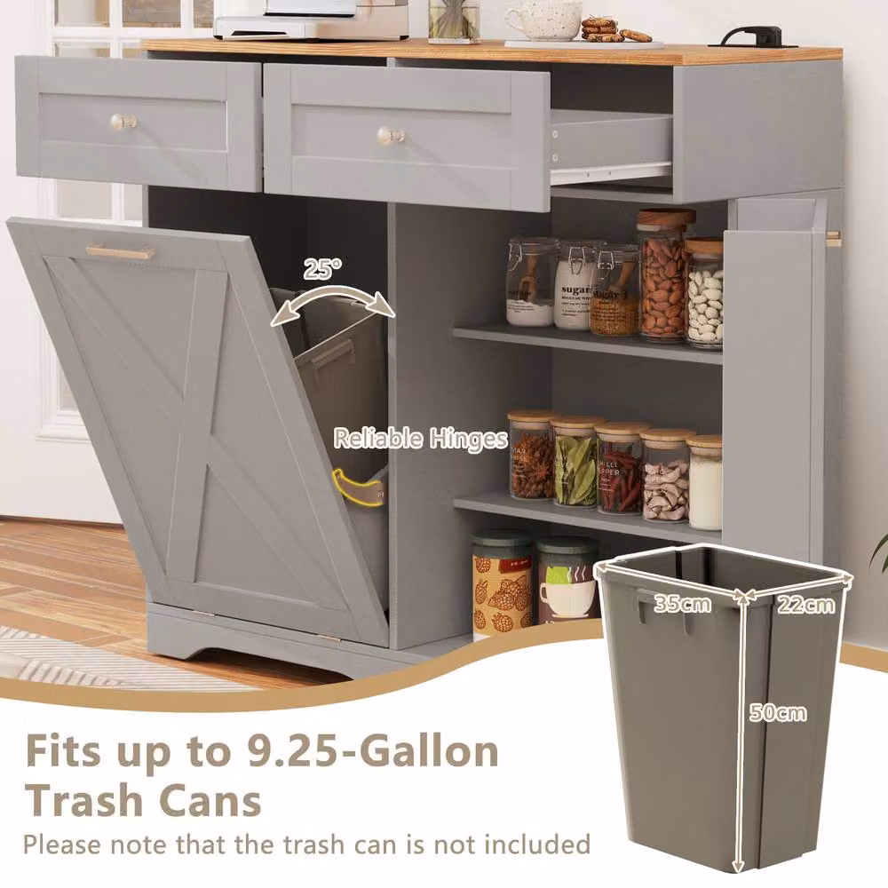 Costway Grey Tilt Out Trash Can Cabinet with Outlets and 2 Drawers – 3