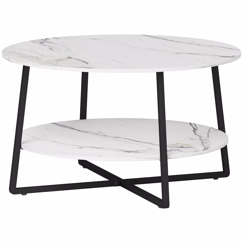 Wyld Haus Two Tier Round Marble Effect Coffee Table with White Top and Black Metal Frame – 2