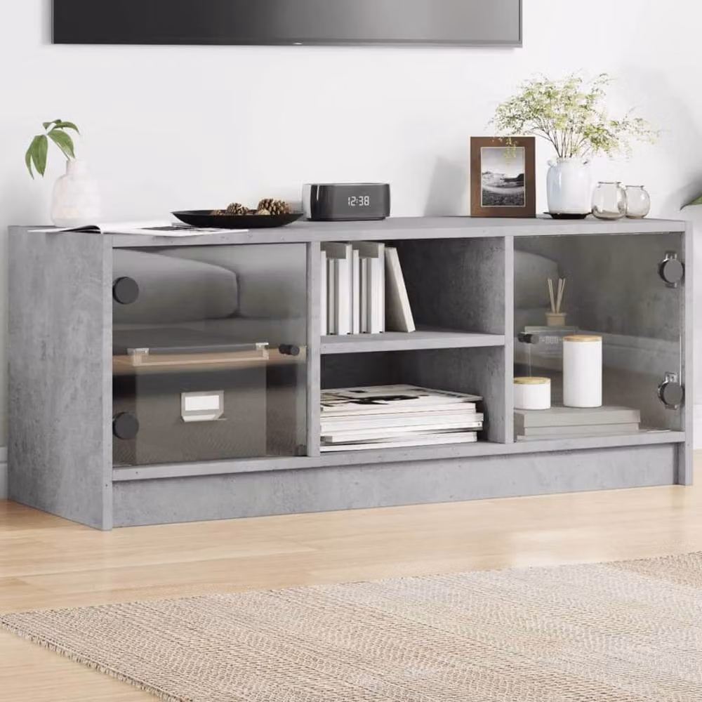 Berkfield Home TV Cabinet with Glass Doors in Concrete Grey, W/D/H: 102 x 37 x 42 cm – 2