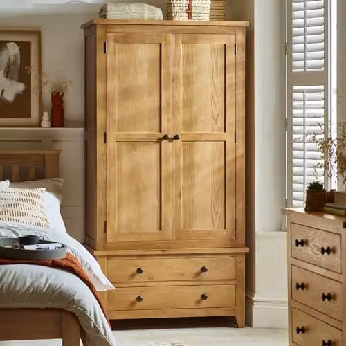 Julian Bowen Marlborough 2 Door 2 Drawer Waxed Oak Combination Wardrobe, H 190 x W 97 x D 55 cm