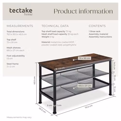 tectake 3-Tier Industrial Shoe Rack with Adjustable Shelves in Black and Brown, W/D/H: 75.5 x 30.5 x 45.5 cm – 5