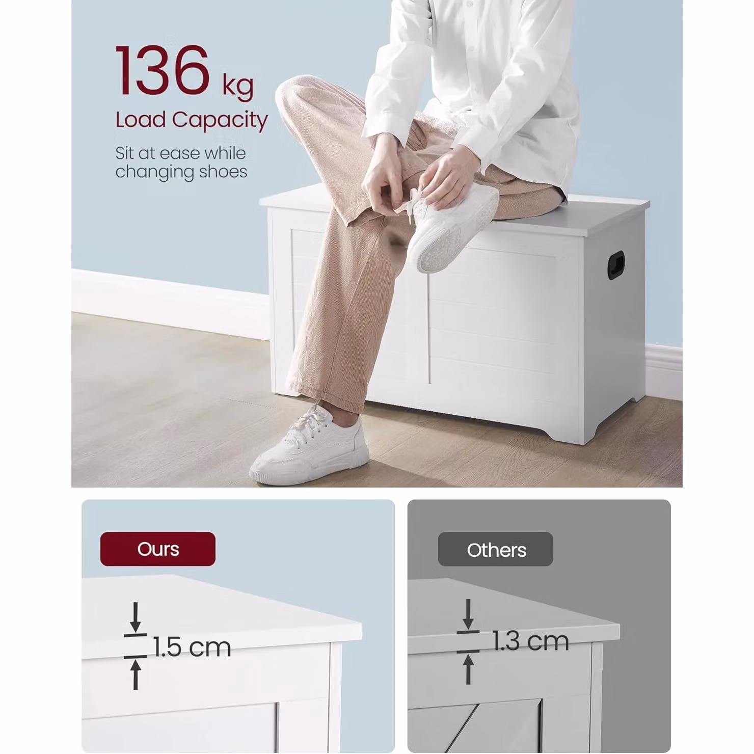 VASAGLE Rustic White Storage Chest and Blanket Box Bench with Safety Hinges – 3