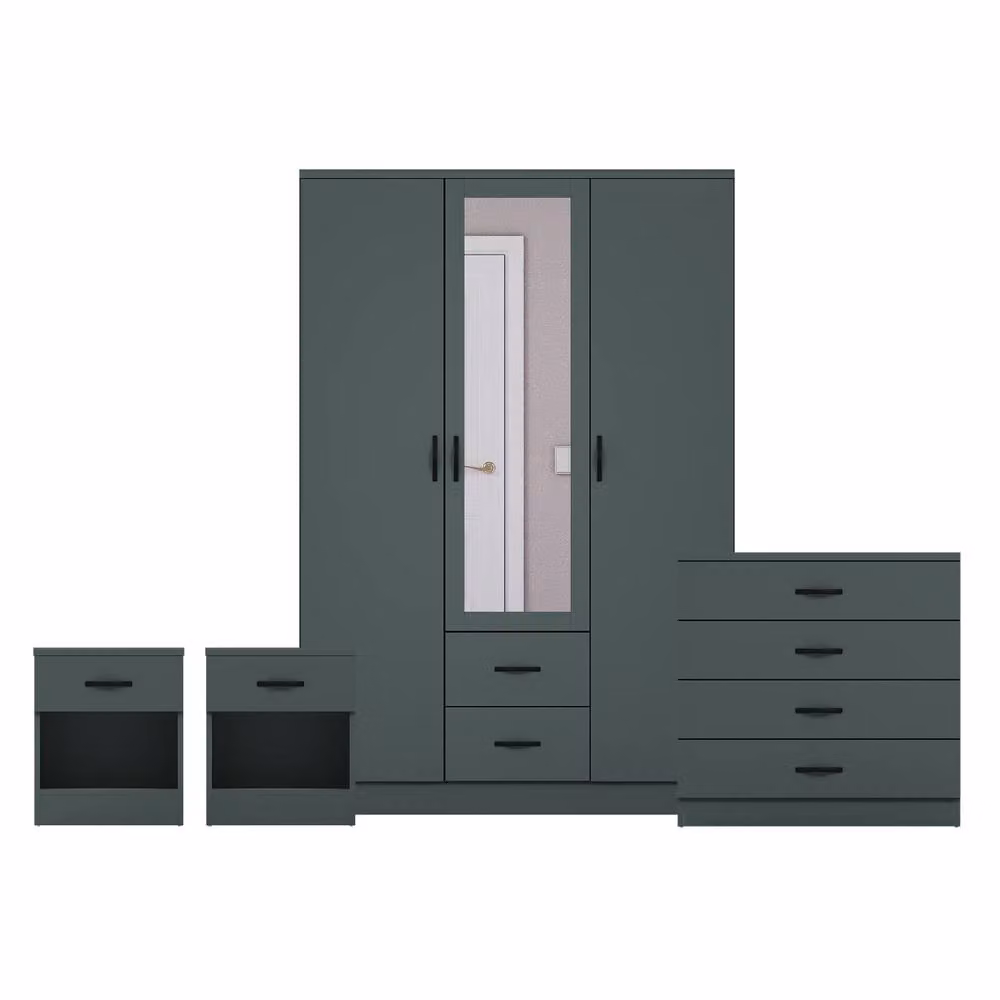 Vida Designs 4 Piece Modern Green Bedroom Set with 2 Bedside Tables, 4 Drawer Chest and Mirrored Wardrobe – 2