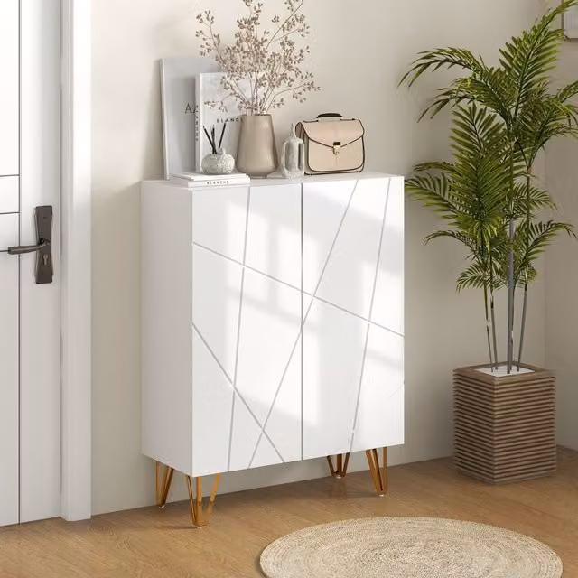 HOMCOM Narrow White Shoe Storage Cabinet with Soft-Close Hinged Doors and Internal Shelves – 1
