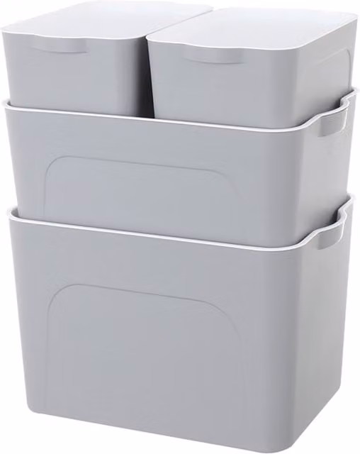 Livingandhome Set of 4 Stackable Plastic Storage Boxes with Lids and Handles, Grey