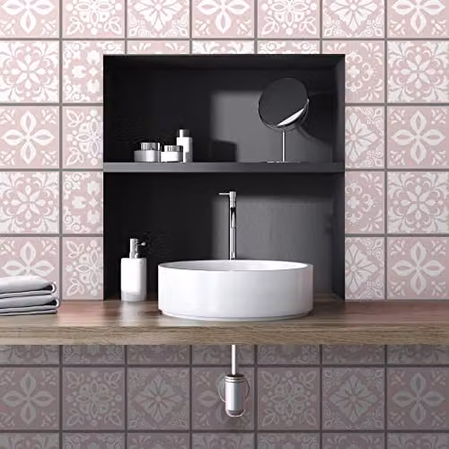 WALPLUS Sevilla Light Pink Spanish Tile Stickers, 24 Pack Waterproof Self Adhesive Geometric Wall Decals, W/D/H: 15 x 15 x 0.54 cm – 2