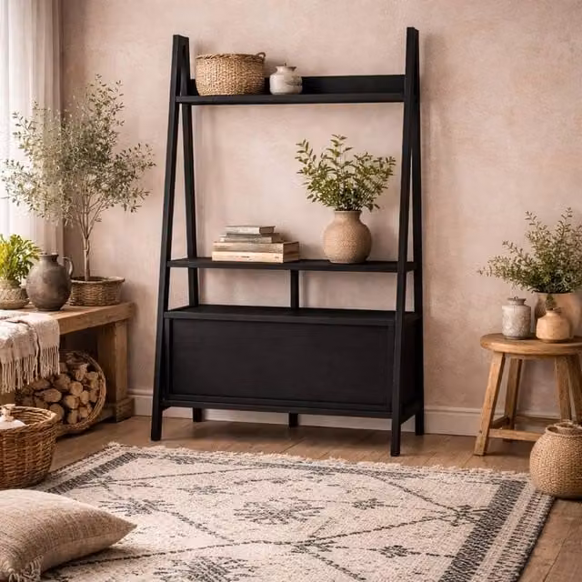 Wyld Haus Athy Small Matt Black Wooden Ladder TV Unit W/D/H: 105.0 x 38.6 x 175.4 cm – 1