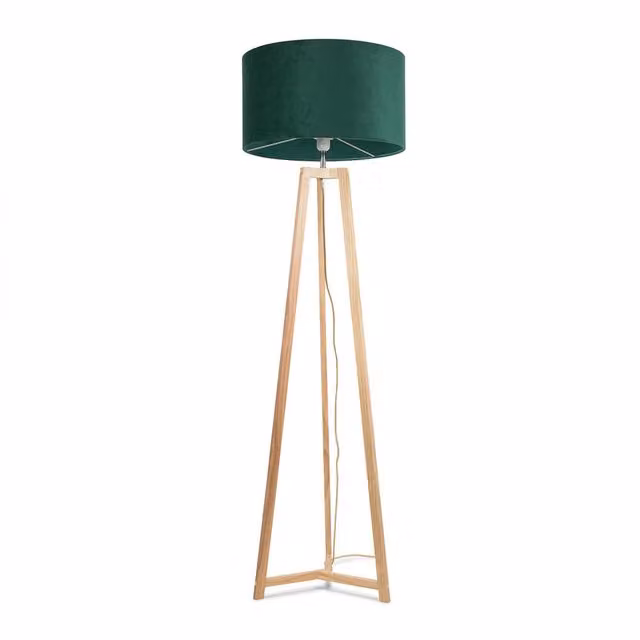 ValueLights Lottie Modern Floor Lamp with Natural Wood Base and Forest Green Velvet Cylinder Shade