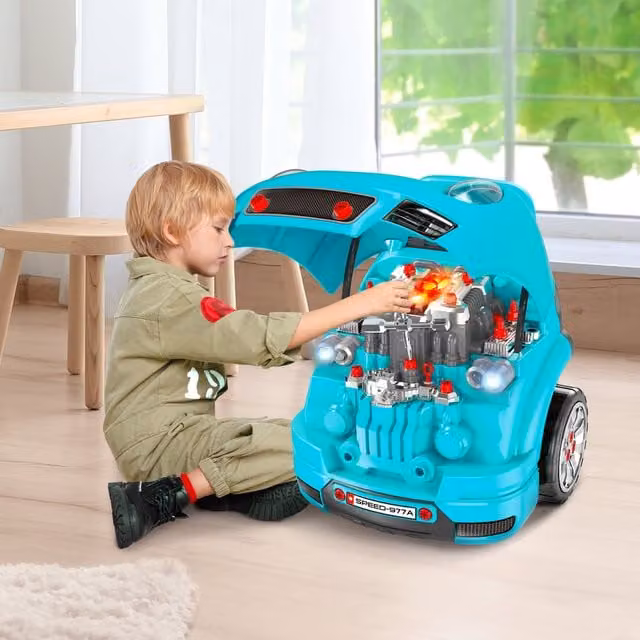 HOMCOM Kids Truck Engine Toy Set Educational Car Service Station Playset in Green and Turquoise