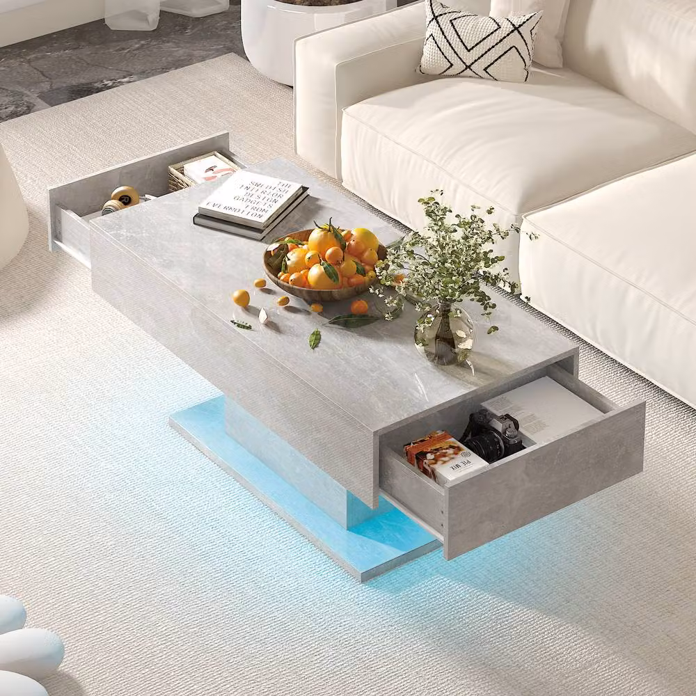 KEEPREAPER Modern Glossy Coffee Table with 2 Storage Drawers and LED Lights in Grey, W/D/H: 110 x 55 x 50 cm – 2