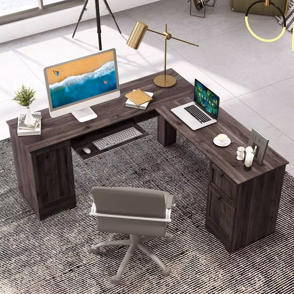 Costway L-Shaped Corner Computer Desk Study Workstation with Cabinet and Drawers in Dark Brown – 4