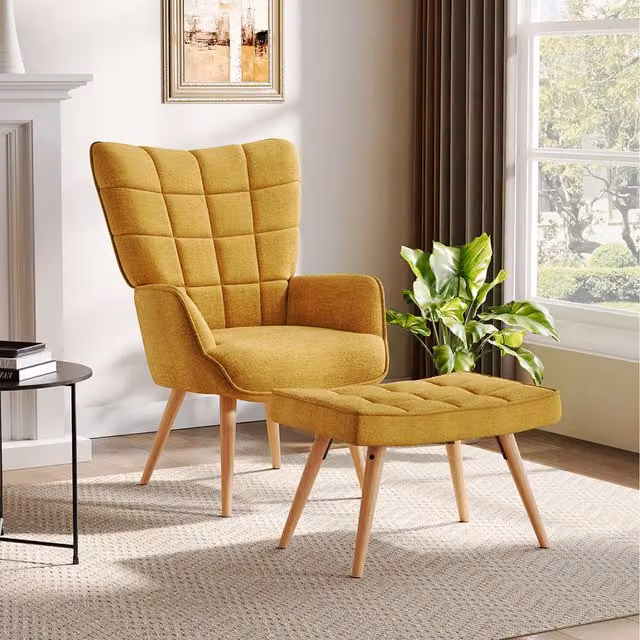 Komore Mid-Century Yellow Fabric Lounge Armchair with Matching Ottoman