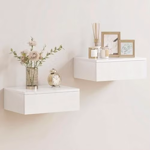 HOMCOM Set of 2 Wall Mounted Bedside Tables with Glossy White Finish, W/D/H: 40 x 30 x 30 cm